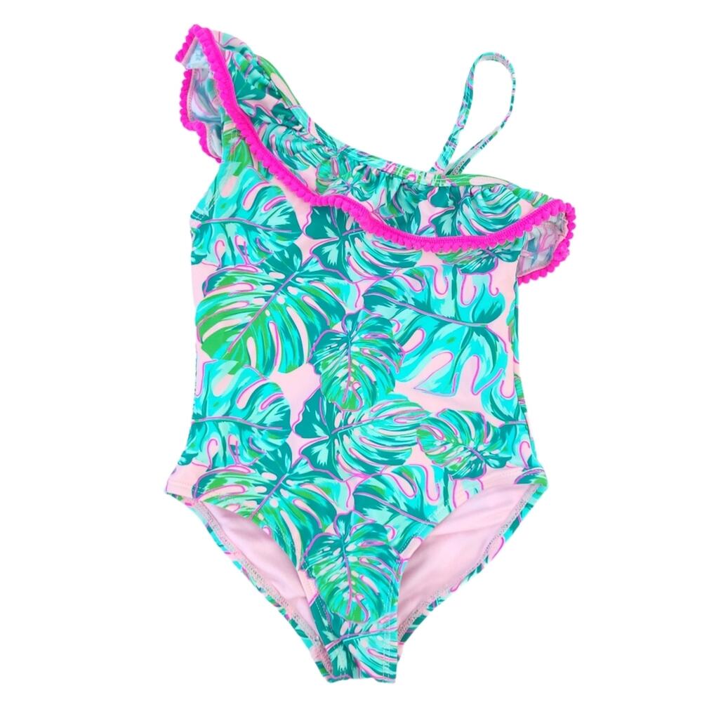Wave Zone Kids One Piece Swimsuit XS 4/5 Tropical Floral Green Pink Preppy